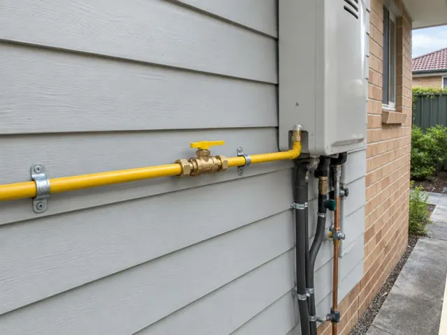 Yellow gas pipe with new valve on an exterior wall beside a gas unit in Carlingford